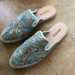 SESTO Meucci Lace Espadrille Mules Floral Applique Blue Natural 9